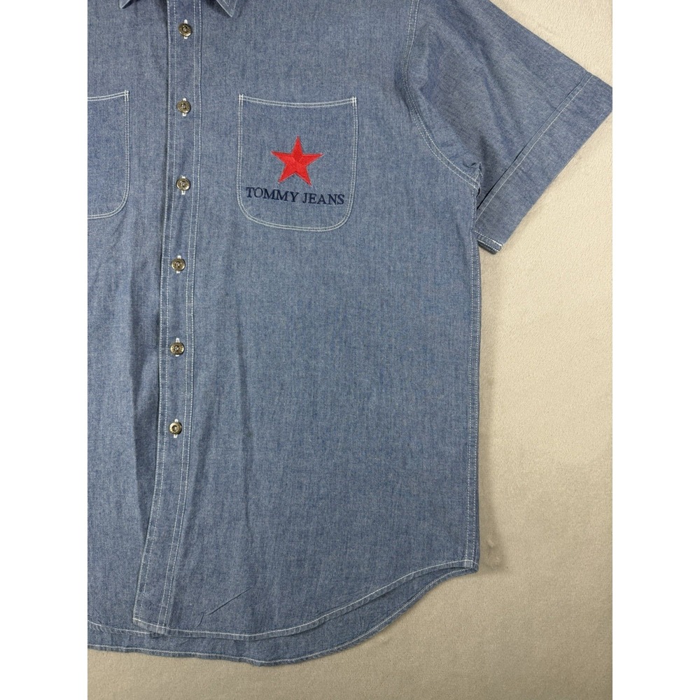 Vintage Tommy Jeans Denim Button Up Shirt Men's Large Short Sleeve Embroidered L - Picture 7 of 16